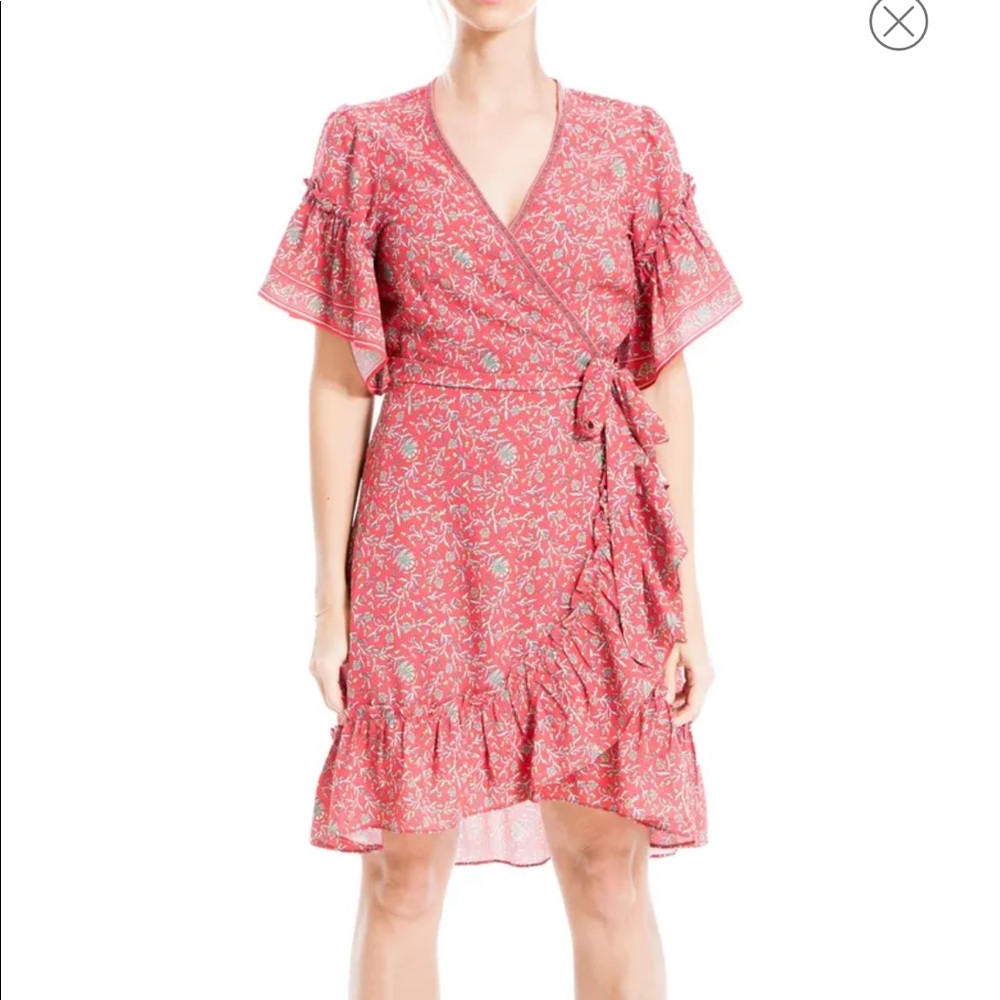 MAX STUDIO Floral Print Ruffle Wrap Dress, Soft Red Wild Vine, XL, NWT